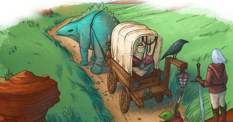 Fantasy illustration of a dinosaur pulling a merchant wagon through a green valley landscape.