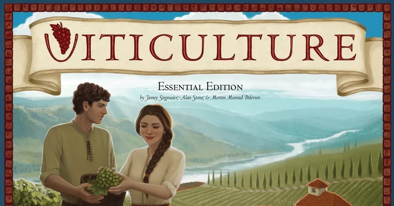Viticulture Essential Edition board game box art featuring a couple harvesting grapes in a vineyard.
