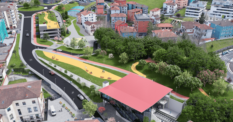 Aerial view of a sustainable urban redevelopment project featuring green spaces, pedestrian paths, and modern architecture.
