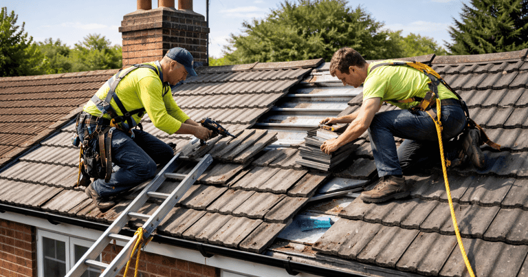 Professional roofer carrying out roof repair work on residential property in Surrey