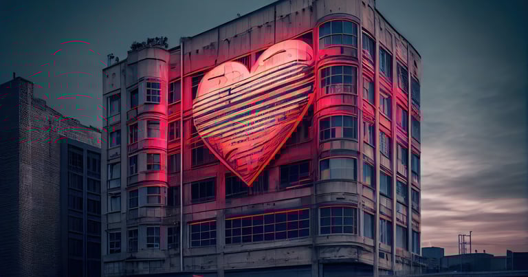 a heart shaped heart on a building with a red light