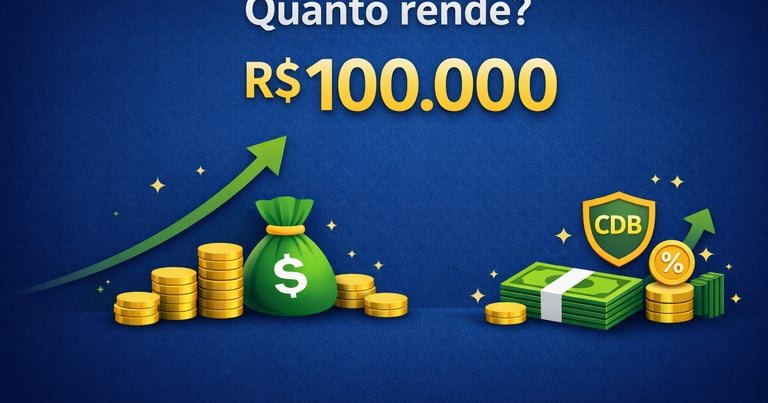 CDB investment growth illustration showing coins, cash, and 100 thousand Reais yield potential.