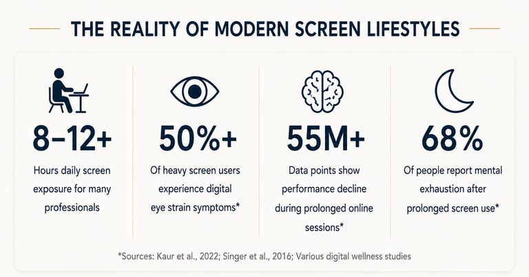 Infographic showing the reality of modern screen lifestyles and effects of digital eye strain.