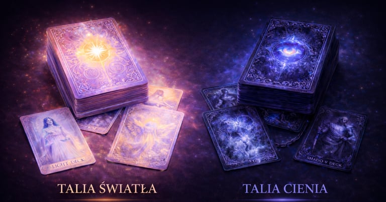 Glowing Light and Shadow tarot decks on a celestial background with mystical oracle cards.