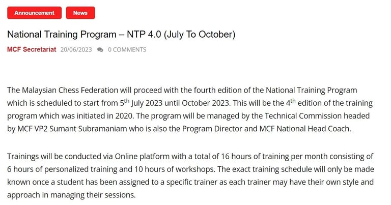 National Training Program 2023 by Malaysian Chess Federation 