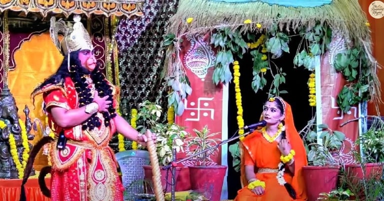 Ramleela performance scene on Rangmanch at Kota Dussehra Mela depicting Lord Hanuman meeting Mata Sita in Ashok Vatika.
