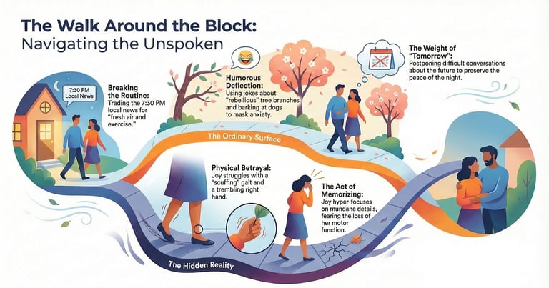 Infographic showing a scene from a Parkinson's novel, sharing the emotional and physical challenges.