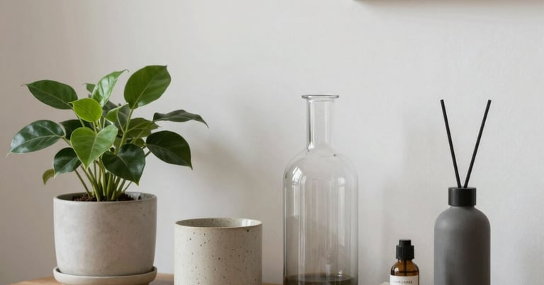 Colorful kitchenware and home gadgets arranged neatly on a wooden table