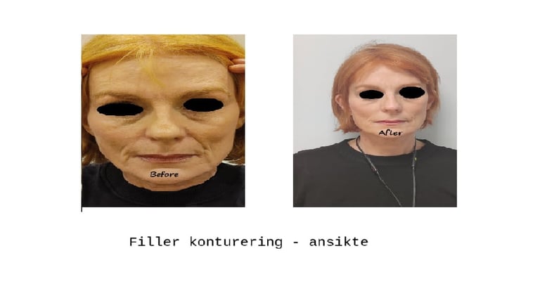 Före och efterbild filler ansiktskontur – återställd volym och mer harmoniskt ansikte.