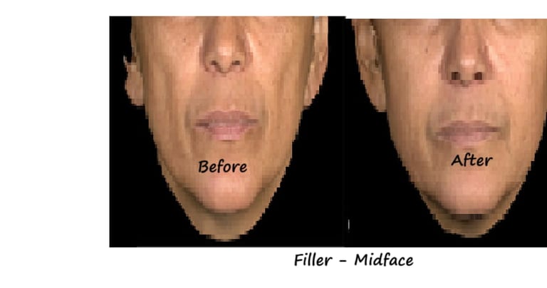 Before & after image fillers cheeks – restored volume, improved contour and natural fullness.