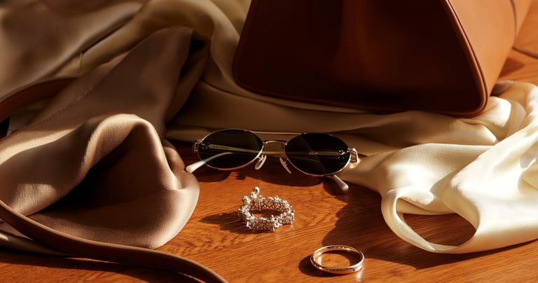 Luxuriöse braune Ledertasche mit Sonnenbrille, Seidentuch und feinem Schmuck auf Holztisch – stilvolle Accessoires von HeideS