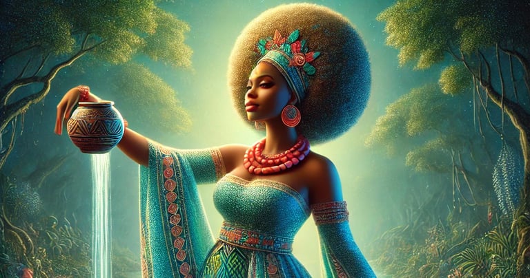 a woman in a blue dress holding a vase with water