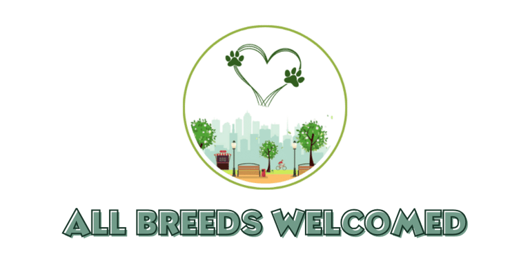 Julia's Pet Pal website element circle with a park and heart in the sky and text saying 'all breeds welcomed'