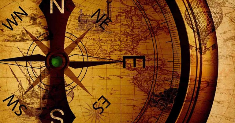 A vintage map with a compass overlay, showing cardinal directions, and faint drawings of transport