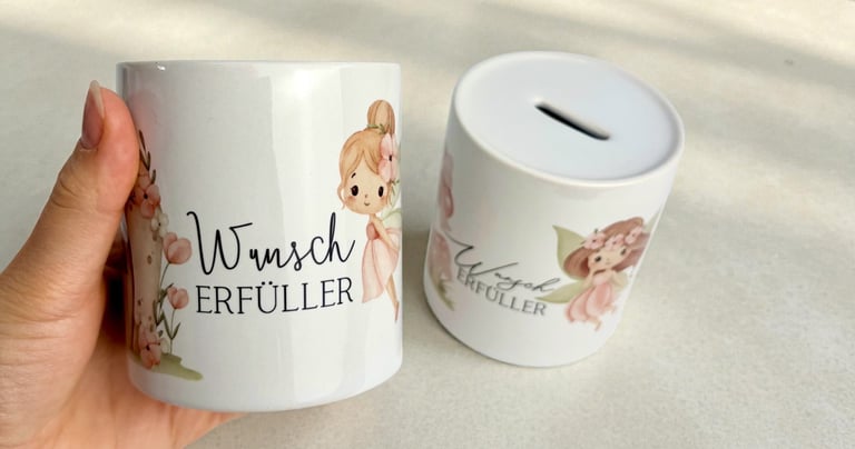 a person holding a mug with a piggy bank