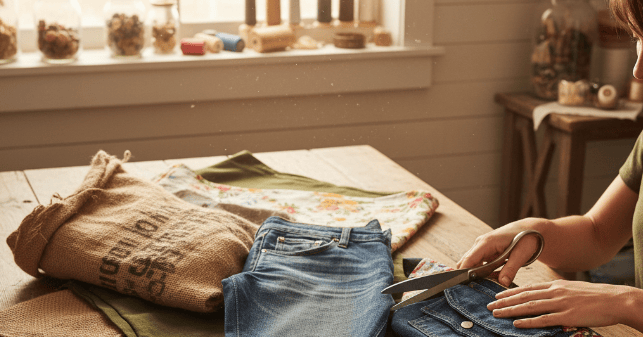 du tissu, un jean, des ciseaux, la couturière prete a concevoir un sa banane recyclé