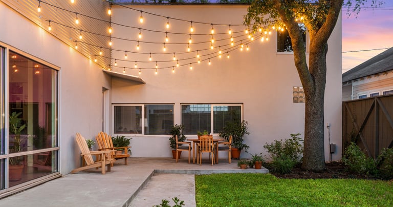 patio string LED lights illuminating a patio