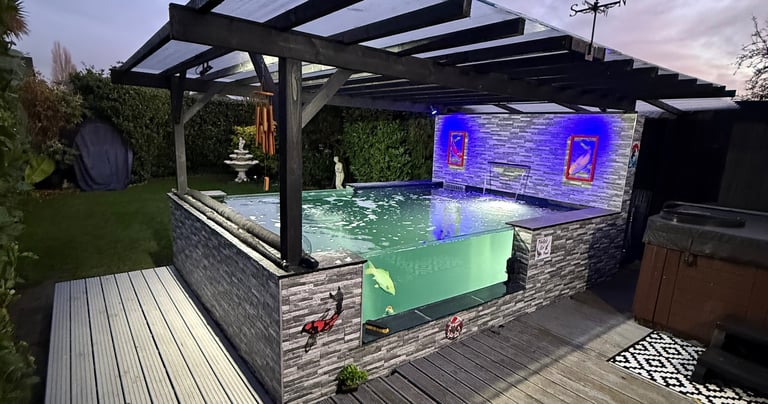 block koi pond all out Burton drum filter & bio chamber 2x big windows with pergola garden ponds