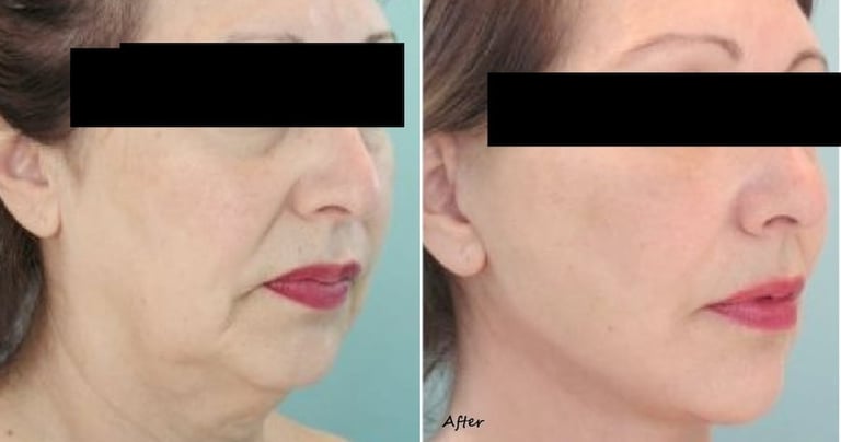 Icke-kirurgiskt trådlyft med fillers och fettminskning, resultat på 50-årig kvinna.