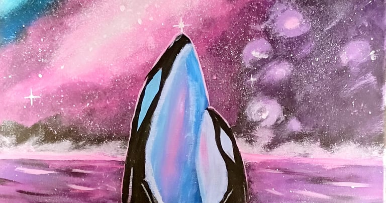 a painting of two whales with. a galaxy background