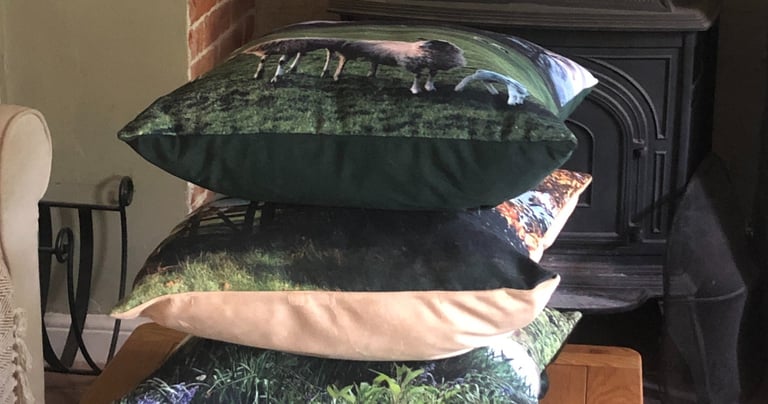 stack of linen look, velvet back cushions featuring photographic landscape prints