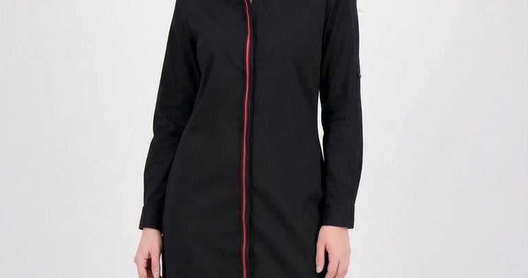 Woman wearing a black long-sleeve shirt dress with a red vertical stripe detail and button-up collar.