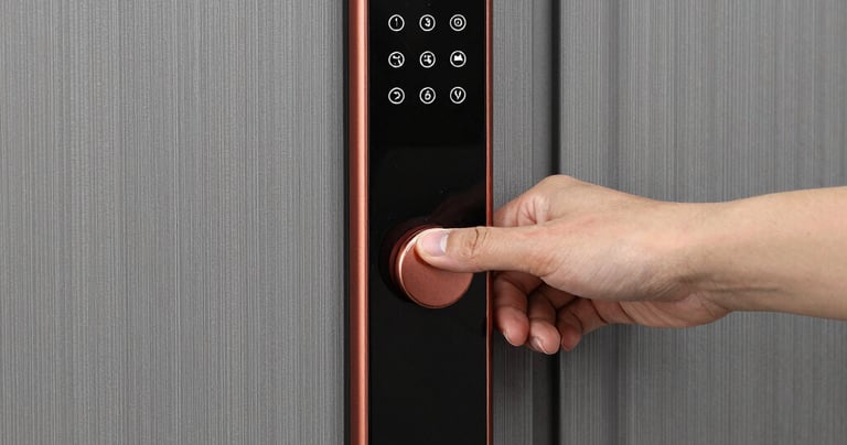 A smart lock steel door with a brushed silver finish, showcasing advanced security technology in a stylish design.