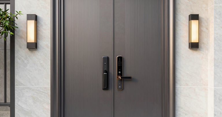 An elegant luxury security door featuring gold accents and a charcoal matte finish, highlighting premium craftsmanship.