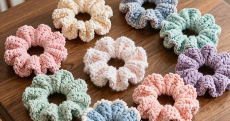 Close-up of a soft pastel pink crocheted scrunchie resting on a cozy knitted fabric.