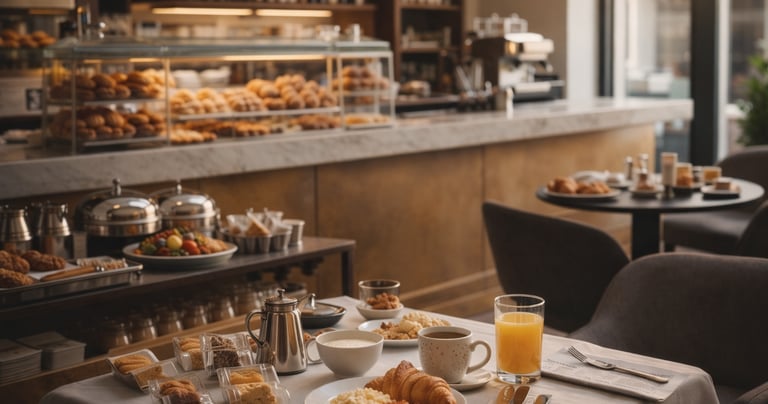 A hotel breakfast buffet featuring a plate of croissants and eggs, orange juice, and fresh pastries.