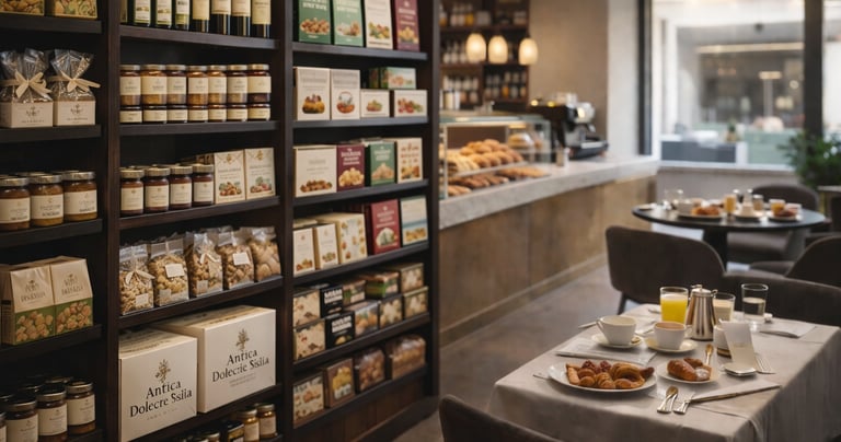 Gourmet Italian breakfast setting with pastries and a display shelf of artisan food products and jams.