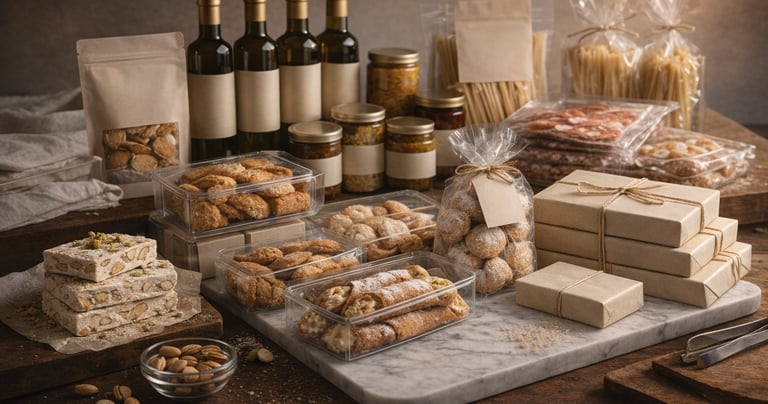 Assorted gourmet Italian food gift set with cannoli, olive oil, pasta, and almond torrone.