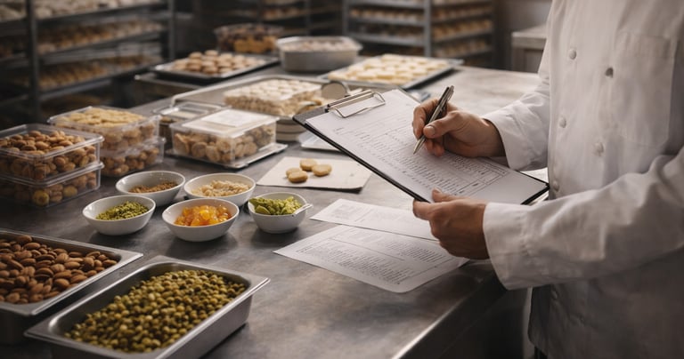 A pastry chef in a commercial kitchen checking inventory of nuts and dried fruit on a clipboard.