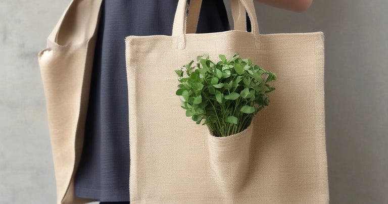 Colorful jute grocery bags hanging on a rustic wooden rack, ready for shopping trips.