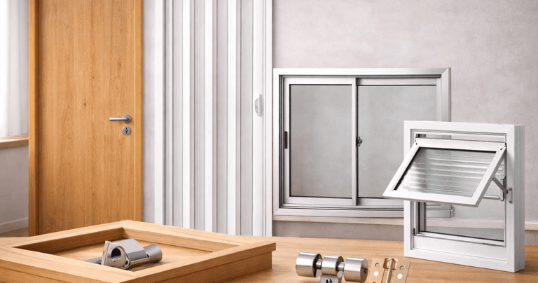 materiais para obra, parte elétrica, portas e janelas, pisos, vedação, impermeabilização, banheiro, 