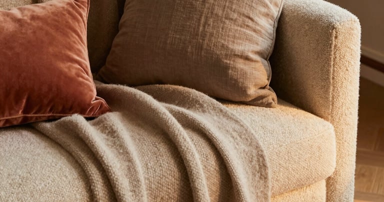 A cozy corner layered with earthy textiles and natural materials, evoking warmth and texture.