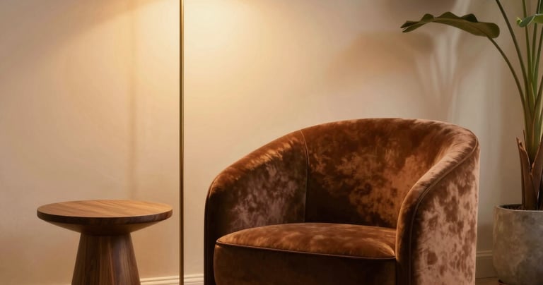 A bold, modern living room featuring sculptural furniture with sharp silhouettes and dramatic lighting.