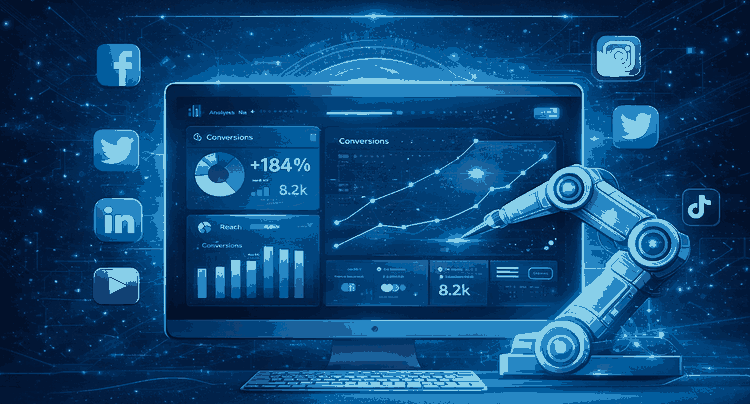 AI-powered social media management dashboard showing multi-platform analytics, automation,