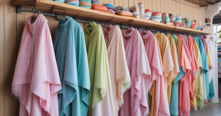 Casual surf clothing laid out on a sandy beach with surfboards nearby.