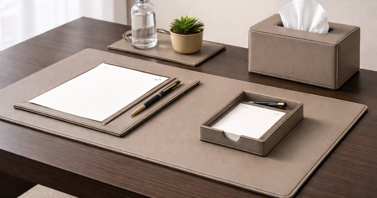 a notepad, paper holder and tissue box cover