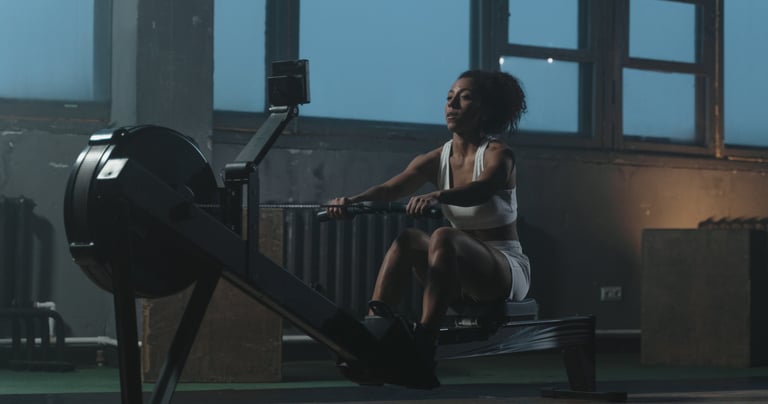 a woman doing row erg