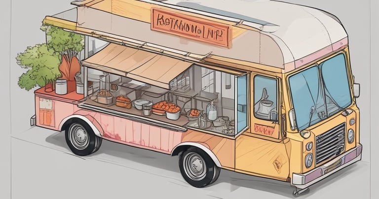 A vintage-style food truck is parked in a dimly lit area with an open window revealing the kitchen inside. There are metal chairs and round tables set in front of the truck, suggesting an outdoor dining area. A person in a white shirt stands beside the truck, possibly a vendor or customer, engaged in a phone conversation.