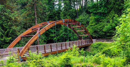 Portland, OR - Walk across the footbridge to see a small waterfall at Hidden Falls Park