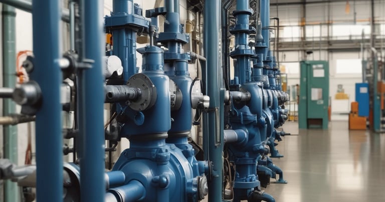 A large red industrial pump is positioned on a pile of rocks. To the right of the pump is a black jug placed on the rocky structure. In front of the pump, there is a shallow water feature filled with spherical objects that resemble small balls. The background includes a building with a white wall and a garden with various plants and trees.