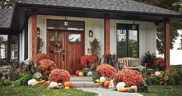 Seasonal decorations example of pumpkins by the front door and shaped bushes around