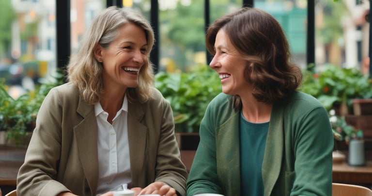two women sitting at a table with coffee cups