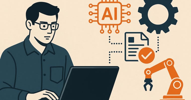 a man sitting at a table with a laptop and a robot