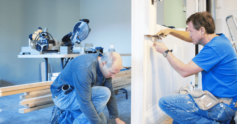 a couple of men are working on a hotel room remodeling project