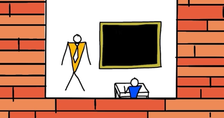 cartoon school teacher student brick wall drawing