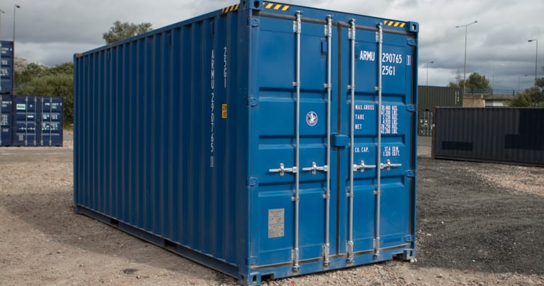 A blue one trip high cube shipping container